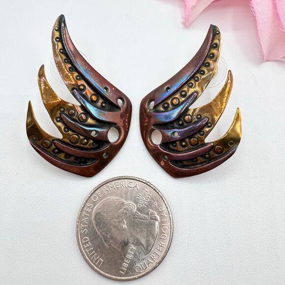 Artisan Flame Wing Earrings Handmade Heat Patina Burning Man Edgy Avant Garde - Picture 9 of 13